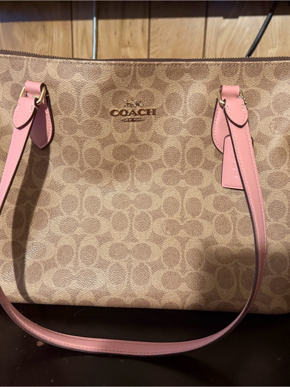 Coach Beige Signature Canvas Tote with Pink Leather Accents